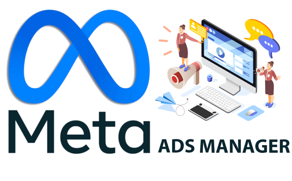 Meta Ads Manager dashboard illustration showing ad campaign management, audience targeting, and digital advertising optimization for business growth.